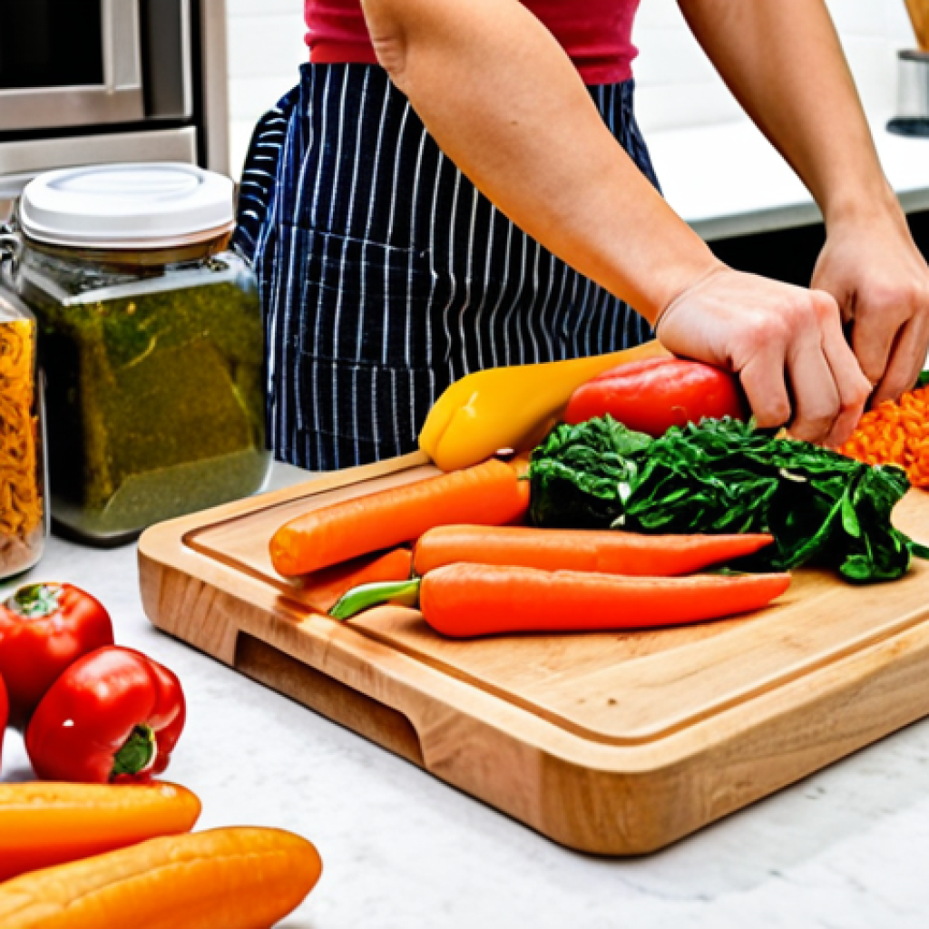 **

A brightly lit kitchen scene showcasing meal prep in action. Focus on a woman efficiently chopping colorful vegetables (carrots, bell peppers, spinach) on a wooden cutting board. Airtight containers are neatly arranged nearby, ready to receive the prepared ingredients. In the background, a glimpse of pre-cooked chicken in a container and a jar of mixed spices. The overall impression is organized, healthy, and time-saving.

**