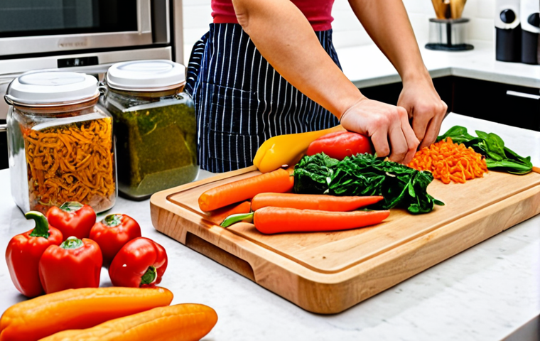 **
A brightly lit kitchen scene showcasing meal prep in action. Focus on a woman efficiently chopping colorful vegetables (carrots, bell peppers, spinach) on a wooden cutting board. Airtight containers are neatly arranged nearby, ready to receive the prepared ingredients. In the background, a glimpse of pre-cooked chicken in a container and a jar of mixed spices. The overall impression is organized, healthy, and time-saving.
**