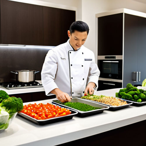 Home 6 A focused professional, fully clothed in a modest, clean chef's jacket, meticulously preparing healthy meals in a brightly lit, modern kitchen. The subject is standing at a large, pristine countertop, surrounded by fresh, vibrant vegetables like bell peppers and broccoli, pre-portioned lean chicken breasts, and containers of cooked brown rice. Hands are visible, carefully chopping and organizing ingredients. Various airtight glass containers are neatly stacked nearby, ready for prepared meals. The atmosphere is calm and organized, reflecting a commitment to a healthy lifestyle. Perfect anatomy, correct proportions, well-formed hands, proper finger count, natural body proportions, natural pose, safe for work, appropriate content, fully clothed, family-friendly, professional photography, high quality, studio lighting.
