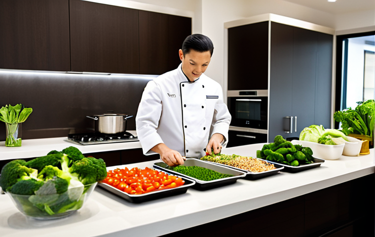 A focused professional, fully clothed in a modest, clean chef's jacket, meticulously preparing healthy meals in a brightly lit, modern kitchen. The subject is standing at a large, pristine countertop, surrounded by fresh, vibrant vegetables like bell peppers and broccoli, pre-portioned lean chicken breasts, and containers of cooked brown rice. Hands are visible, carefully chopping and organizing ingredients. Various airtight glass containers are neatly stacked nearby, ready for prepared meals. The atmosphere is calm and organized, reflecting a commitment to a healthy lifestyle. Perfect anatomy, correct proportions, well-formed hands, proper finger count, natural body proportions, natural pose, safe for work, appropriate content, fully clothed, family-friendly, professional photography, high quality, studio lighting.