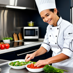 **

A professional female chef in a clean, modern kitchen, fully clothed in a chef's uniform, preparing a healthy meal prep dish. She is smiling slightly. The counter is stainless steel and spotless. Ingredients are neatly arranged.  Safe for work, appropriate content, modest, professional photography, perfect anatomy, correct proportions, well-formed hands, proper finger count, natural pose, family-friendly.

**