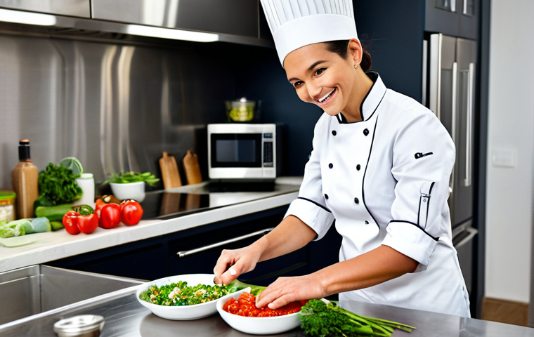 **
A professional female chef in a clean, modern kitchen, fully clothed in a chef's uniform, preparing a healthy meal prep dish. She is smiling slightly. The counter is stainless steel and spotless. Ingredients are neatly arranged. Safe for work, appropriate content, modest, professional photography, perfect anatomy, correct proportions, well-formed hands, proper finger count, natural pose, family-friendly.
**