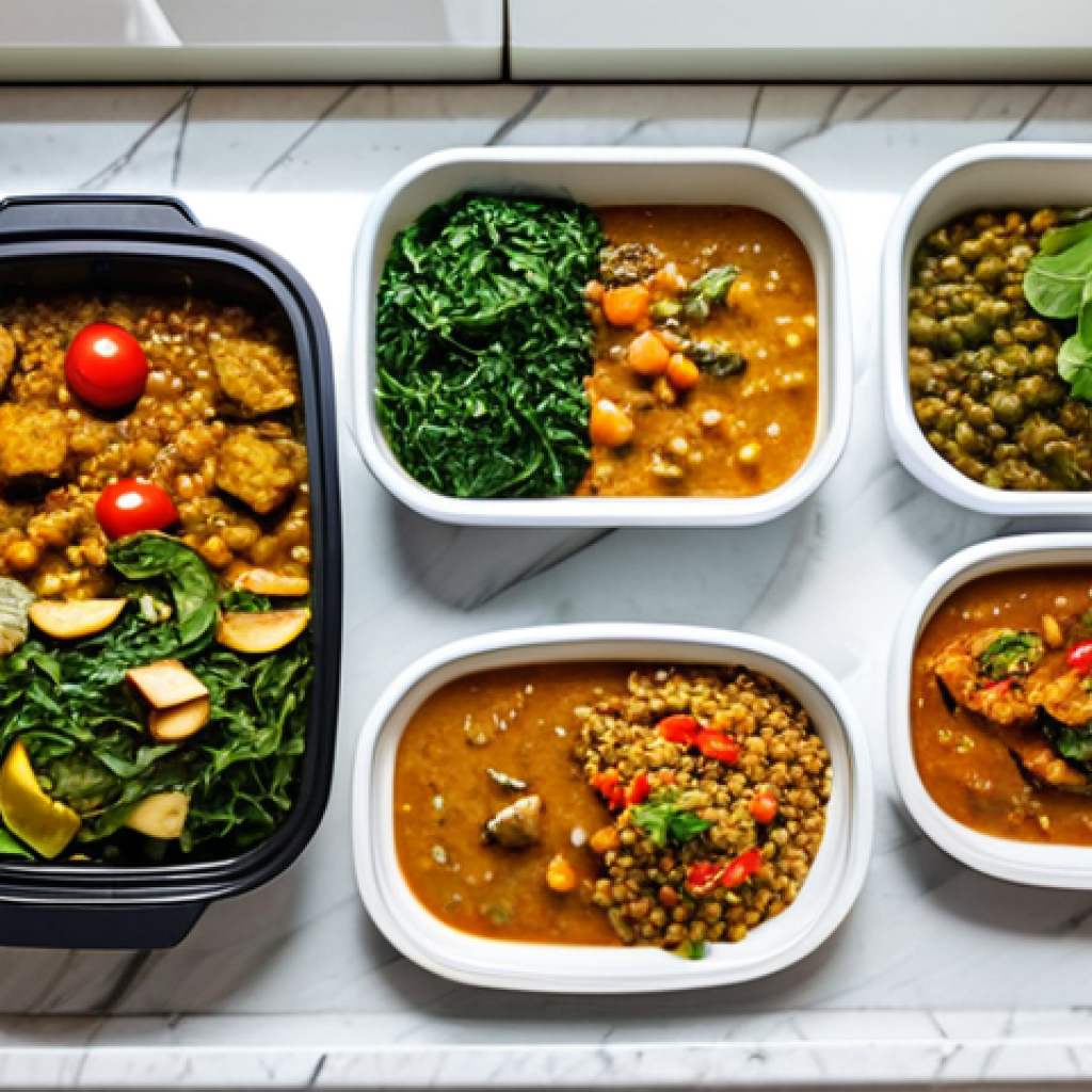 **

A vibrant photo of a neatly organized meal prep spread. Several colorful, labeled containers are filled with various healthy dishes: rice and lentil stew (dal ভাত), vegetable curry (shobji torkari), and marinated chicken pieces. The containers are arranged on a clean kitchen countertop with fresh ingredients like spinach, tomatoes, and spices scattered around. "Safe for work," "appropriate content," "fully clothed," "modest," "family-friendly," "professional," "perfect anatomy," "correct proportions," "natural pose."

**