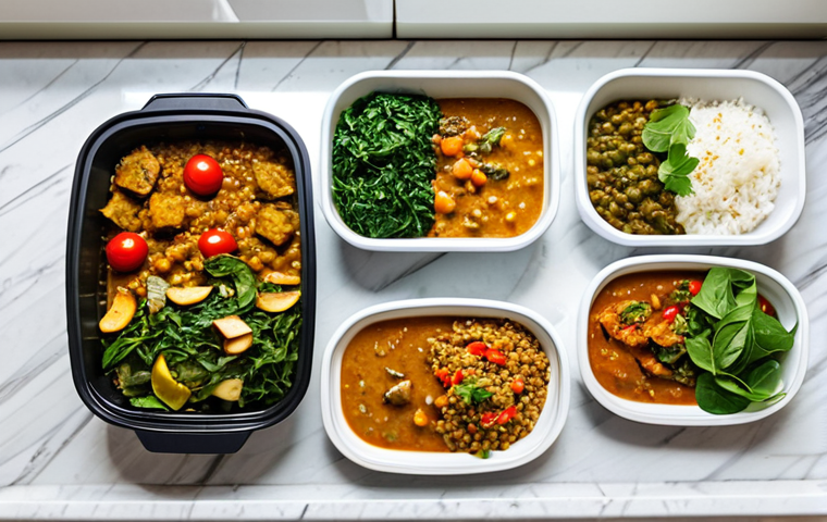 **

A vibrant photo of a neatly organized meal prep spread. Several colorful, labeled containers are filled with various healthy dishes: rice and lentil stew (dal ভাত), vegetable curry (shobji torkari), and marinated chicken pieces. The containers are arranged on a clean kitchen countertop with fresh ingredients like spinach, tomatoes, and spices scattered around. "Safe for work," "appropriate content," "fully clothed," "modest," "family-friendly," "professional," "perfect anatomy," "correct proportions," "natural pose."

**