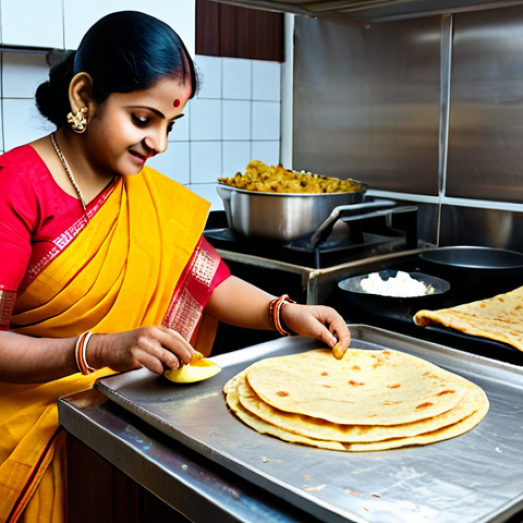 Aloo Paratha Preparation**

"A brightly lit kitchen scene. A mother, fully clothed in a traditional Bengali saree, is rolling out Aloo Paratha. The paratha is golden brown on a tawa. Ingredients like potatoes, atta, and spices are neatly arranged. Safe for work, appropriate content, fully clothed, modest, family-friendly, perfect anatomy, natural proportions, professional food photography, high quality."

**