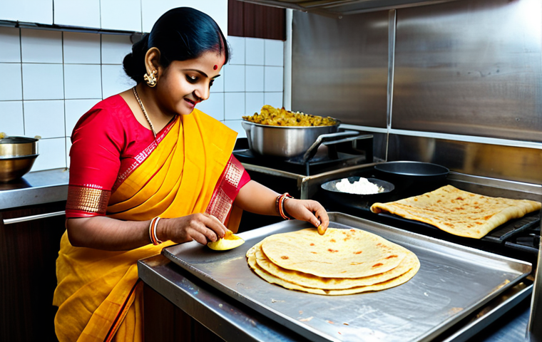 Aloo Paratha Preparation**

"A brightly lit kitchen scene. A mother, fully clothed in a traditional Bengali saree, is rolling out Aloo Paratha. The paratha is golden brown on a tawa. Ingredients like potatoes, atta, and spices are neatly arranged. Safe for work, appropriate content, fully clothed, modest, family-friendly, perfect anatomy, natural proportions, professional food photography, high quality."

**