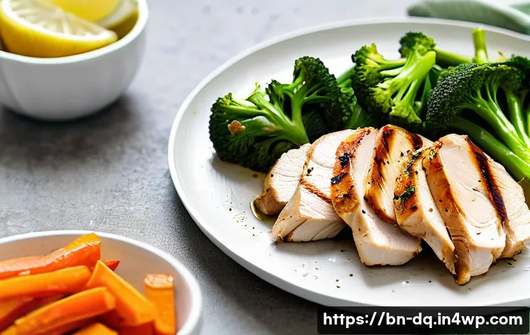 밀프렙으로 만드는 저녁 메뉴 추천 - A vibrant meal prep dinner plate featuring grilled chicken breast, steamed broccoli, and sliced carr...
