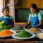 밀프렙으로 바쁜 가족을 위한 식사 계획 - A vibrant kitchen scene showcasing a Bengali family preparing weekly meal preps together, with fresh...
