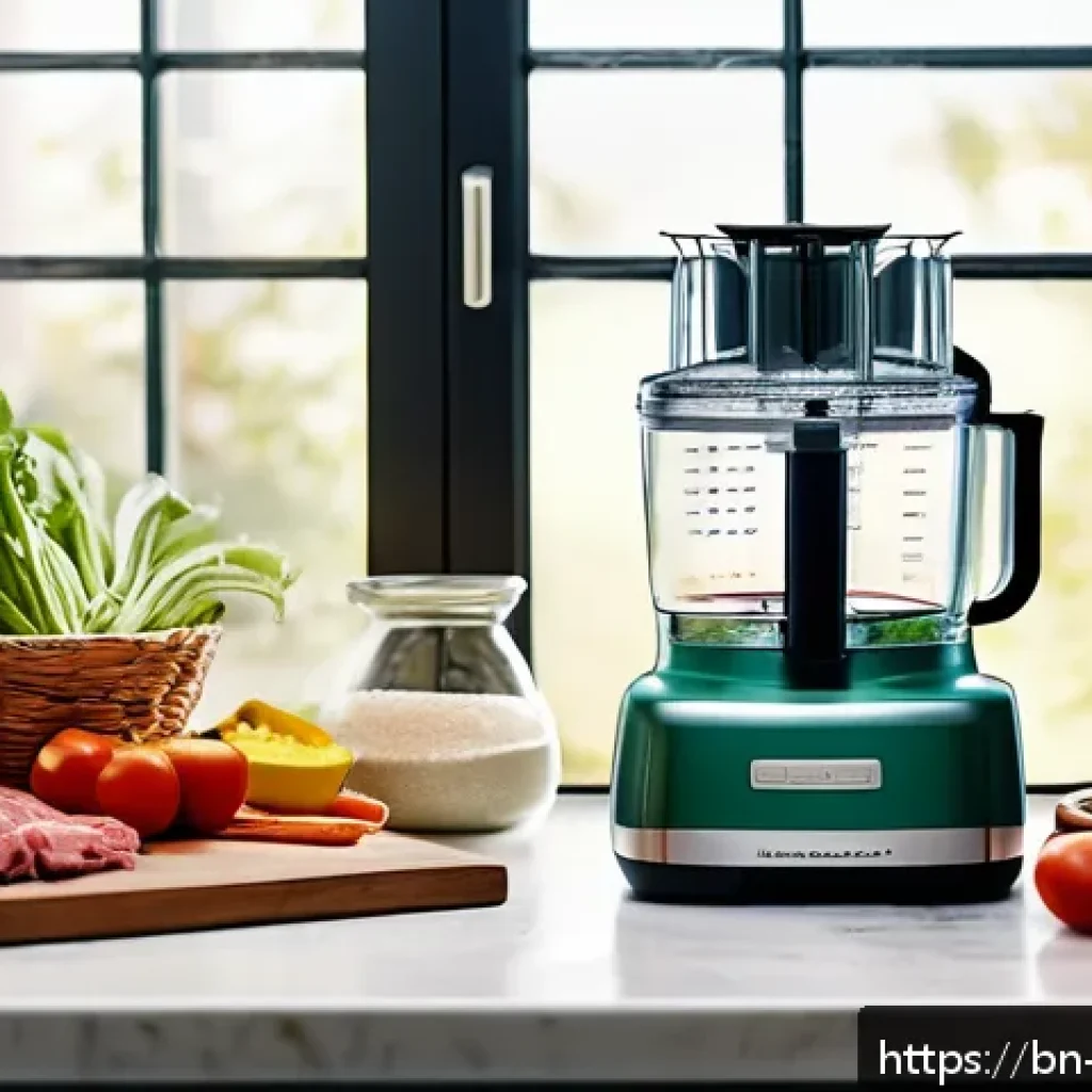 밀프렙을 위한 요리 도구 추천 - A modern kitchen scene featuring a multifunctional food processor on a clean countertop surrounded b...