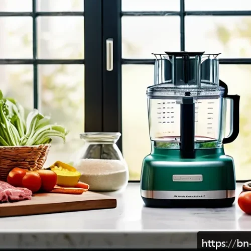 밀프렙을 위한 요리 도구 추천 - A modern kitchen scene featuring a multifunctional food processor on a clean countertop surrounded b...