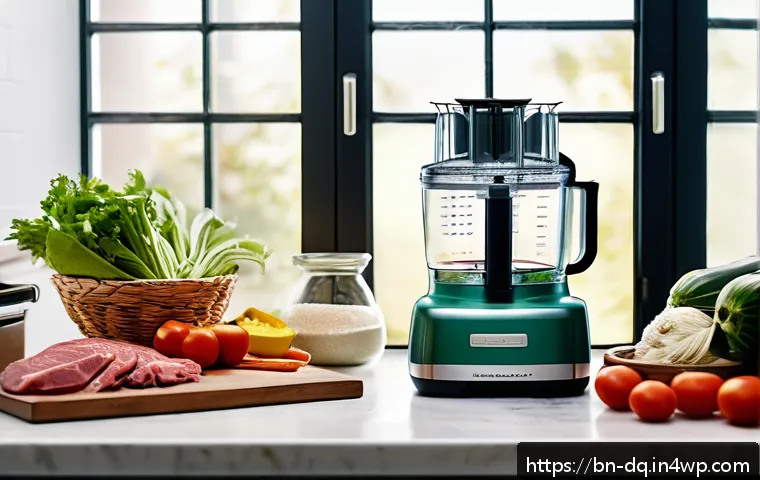 밀프렙을 위한 요리 도구 추천 - A modern kitchen scene featuring a multifunctional food processor on a clean countertop surrounded b...