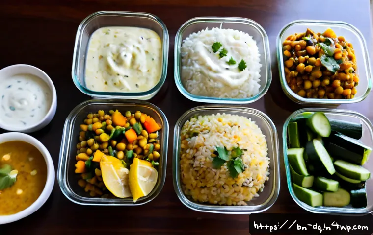 Home 17 밀프렙을 통한 균형 잡힌 식단 만들기 - Photorealistic overhead view of a balanced weekly meal-prep spread in clear glass containers, portio...