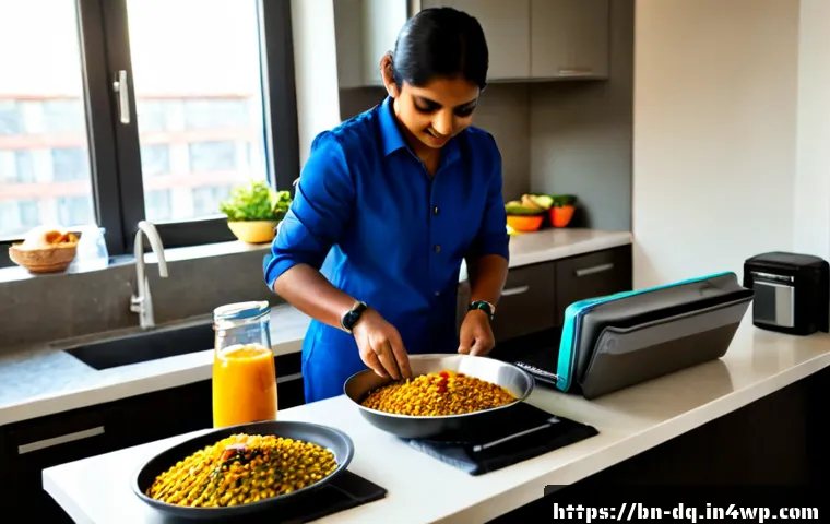 바쁜 직장인을 위한 밀프렙 도전기 - Photorealistic early-morning meal prep in a bright modern apartment kitchen, a busy Bengali office p...